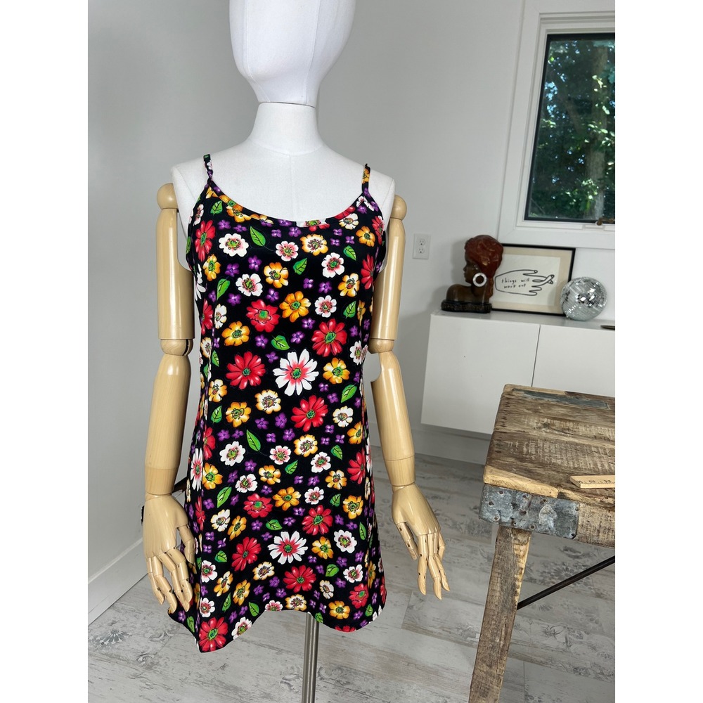 90s Stella USA Vintage Slip Dress Black Floral Mini Sleeveless Spaghetti Strap